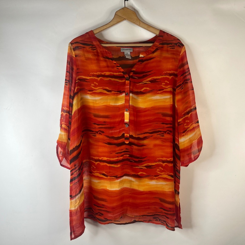Catherines Tunic Blouse Women 1X Orange Abstract Sunset Roll Tab Chiffon Top